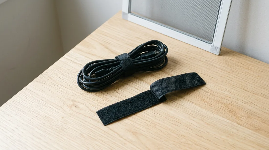 Ein mit Klettband gebündeltes Kabel und ein offener Klettband-Streifen auf einem Holztisch, im Hintergrund ein Fliegengitter-Rahmen